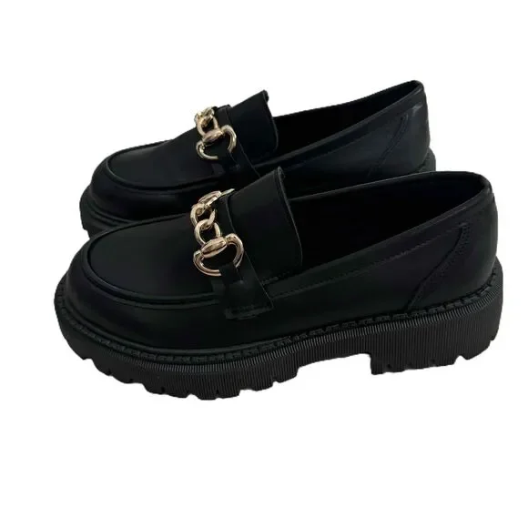 Lug Sole Loafers Black Gold Chain Embellished Chunky Sole Polished NWOT Size 40 - Picture 3 of 10